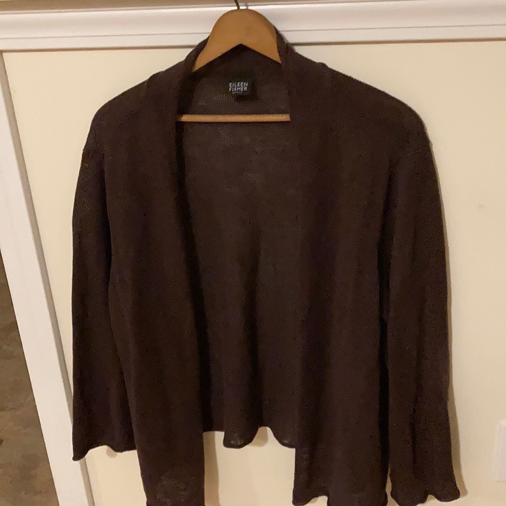 Eileen Fisher Brown Open Front Lightweight Linen Cardigan
